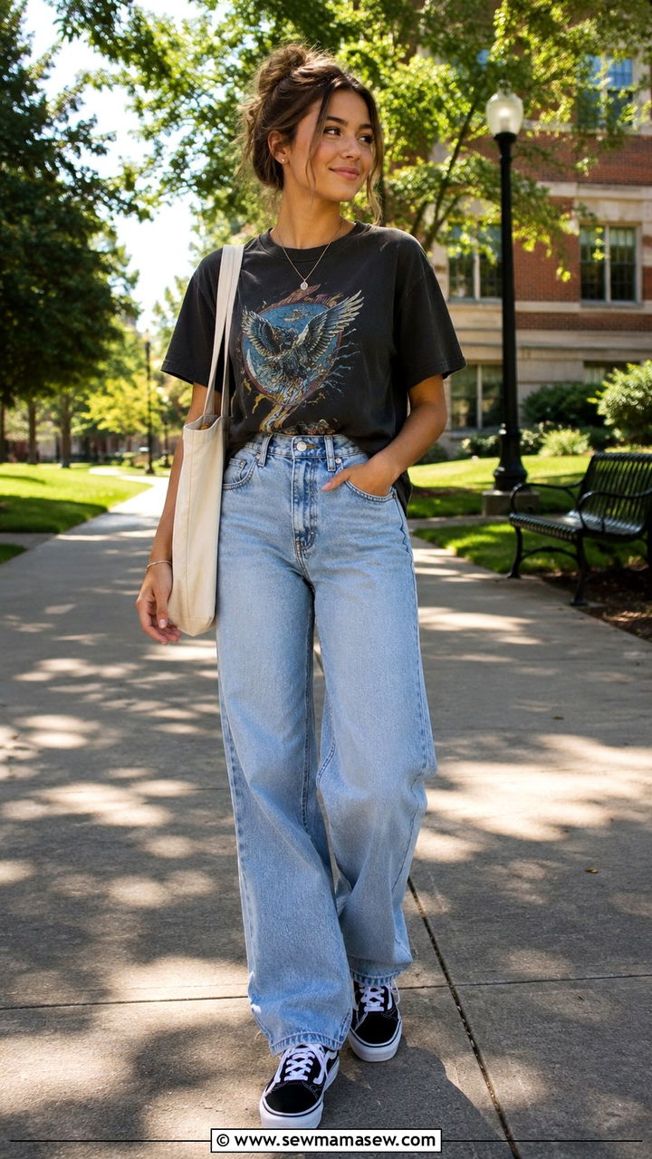 Oversized Graphic Tee and Baggy Jeans Outfit - 30 casual back to school outfits