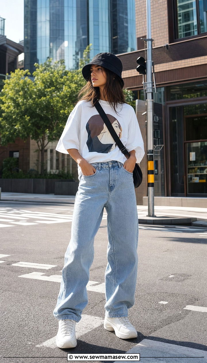 Oversized Graphic Tee and Baggy Jeans - 35 Bucket hat outfit ideas