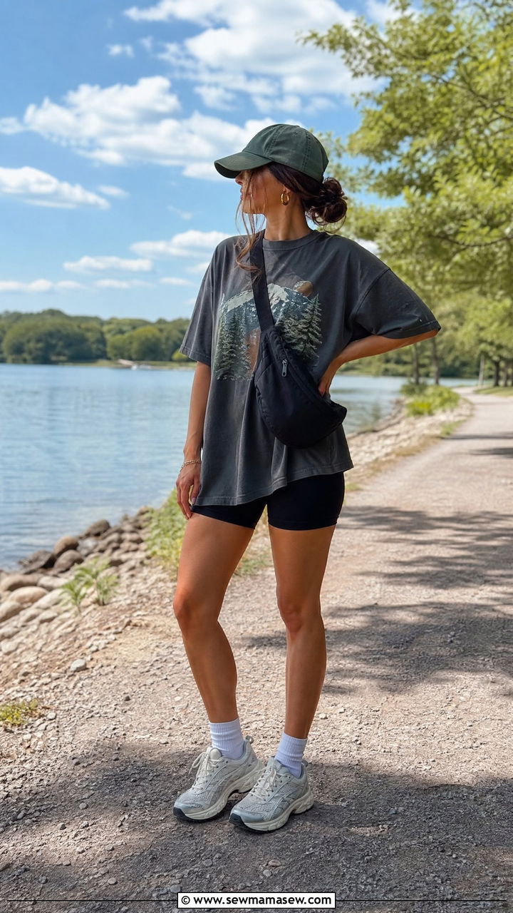 Oversized Graphic Tee and Biker Shorts Lake Outfit - 30 Summer lake outfits