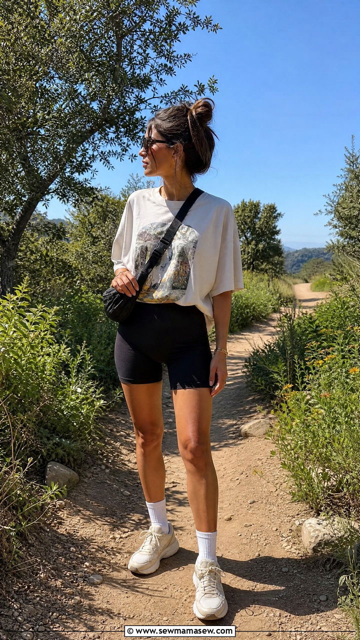 Oversized Graphic Tee and Biker Shorts Outfit - 30 Hiking outfit ideas summer