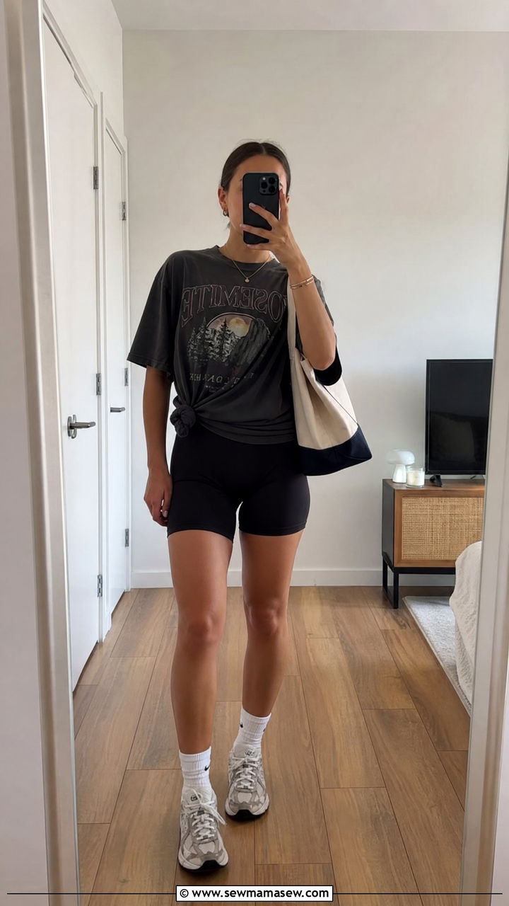 Oversized Graphic Tee and Biker Shorts With Dad Sneakers - 25 Cardio walk outfit ideas