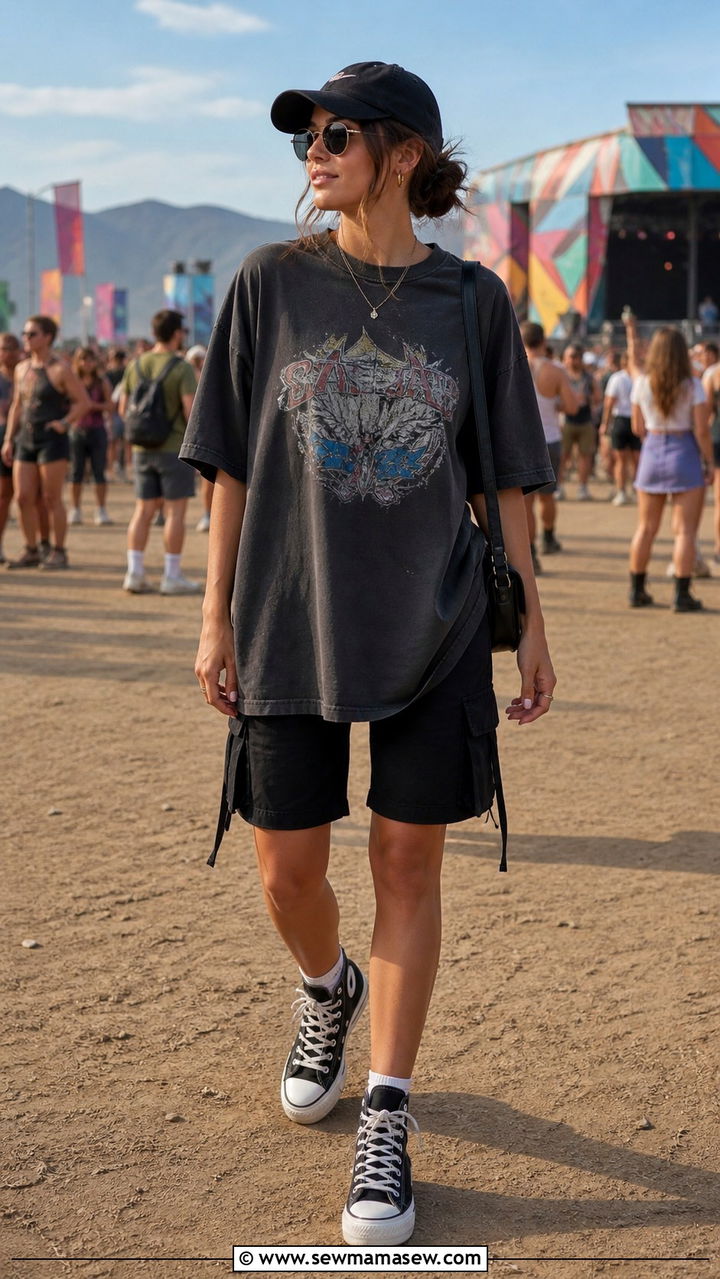 Oversized Graphic Tee and Cargo Shorts Festival Look - 20 3 day music festival outfit ideas