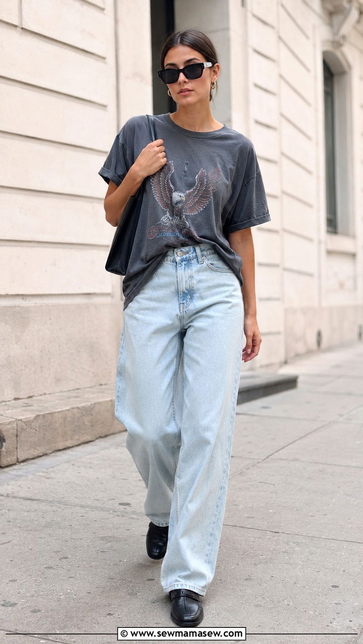 Oversized Graphic Tee and Faded Baggy Jeans - 30 model off duty outfits for women