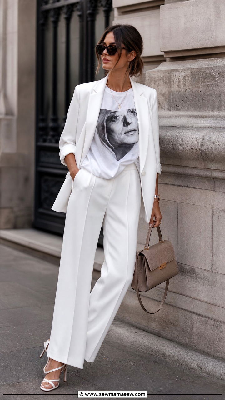 Oversized Graphic Tee and White Pantsuit With Strappy Sandals - 35 Gigi Hadid summer outfit ideas