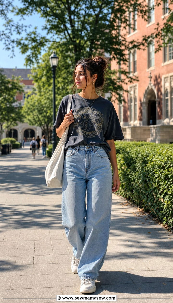 Oversized Graphic Tee with Baggy Jeans Outfit - 35 casual college outfits