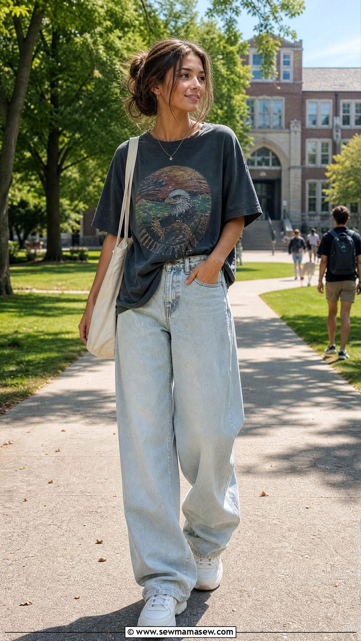 Oversized Graphic Tee with Baggy Jeans and Chunky Sneakers - 30 College campus outfit ideas 2026