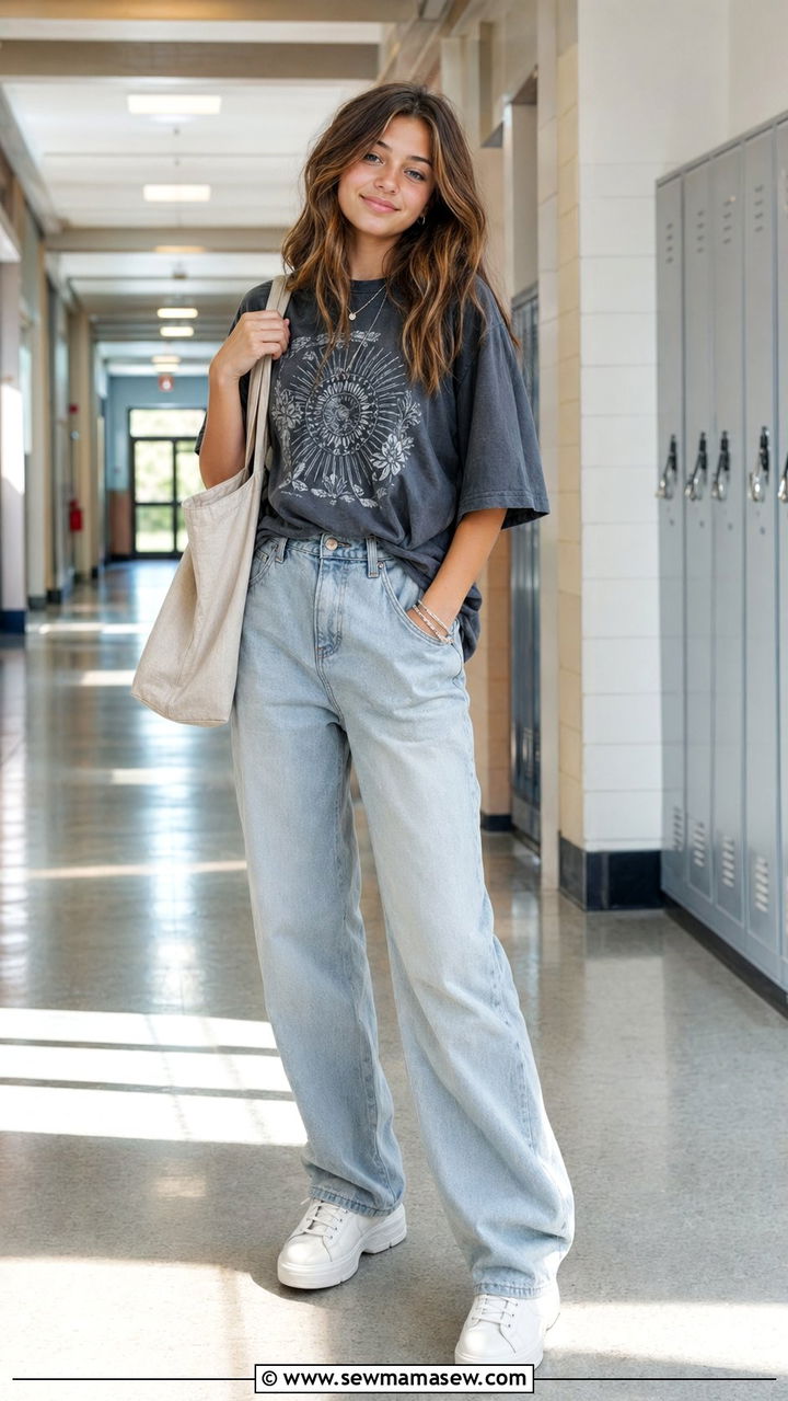 Oversized Graphic Tee with Baggy Jeans and Chunky Sneakers - 35 Back to school outfit ideas 2026