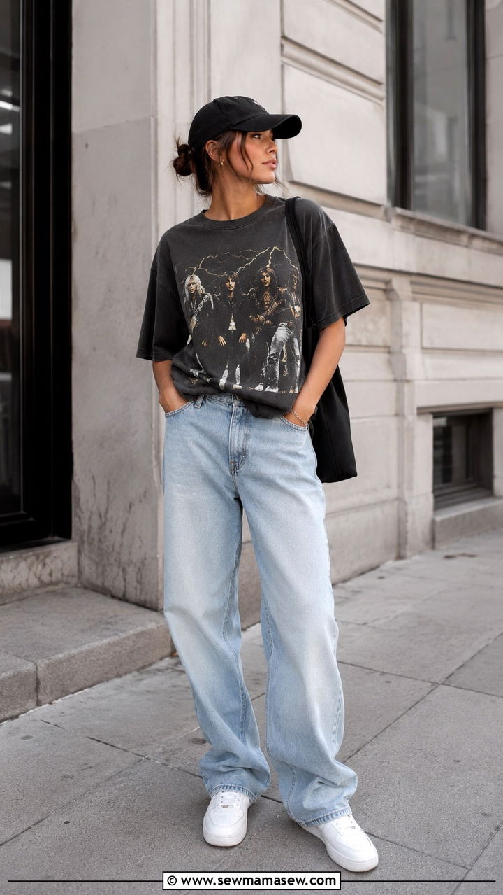 Oversized Graphic Tee with Baggy Jeans and Sneakers - 30 Tomboy outfit ideas