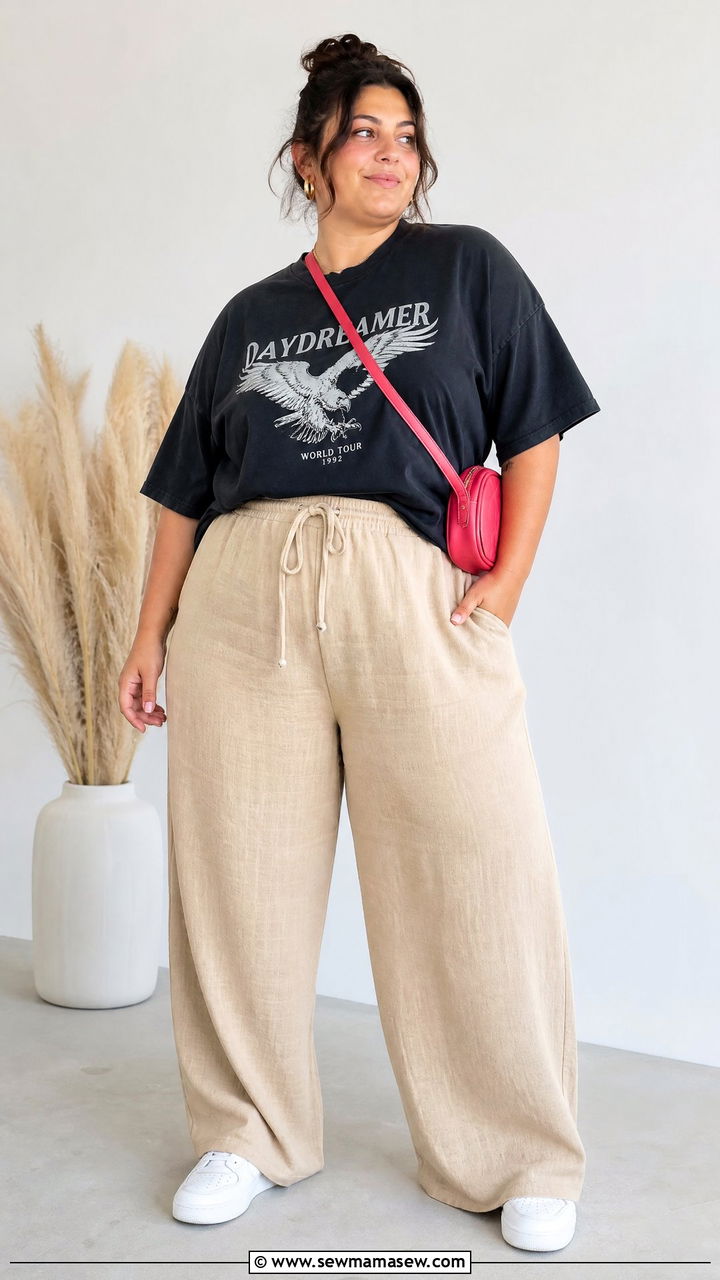 Oversized Graphic Tee with Baggy Linen Pants - 25 Linen pants outfit ideas plus size