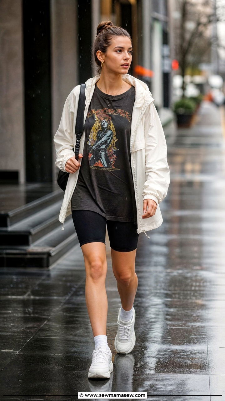 Oversized Graphic Tee with Bike Shorts and Waterproof Sneakers - 30 summer rainy day outfit ideas
