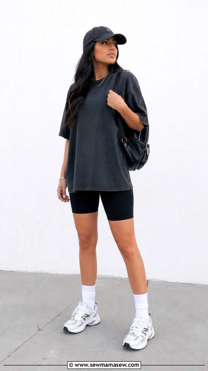 Oversized Graphic Tee with Bike Shorts - 30 modest music festival outfit ideas