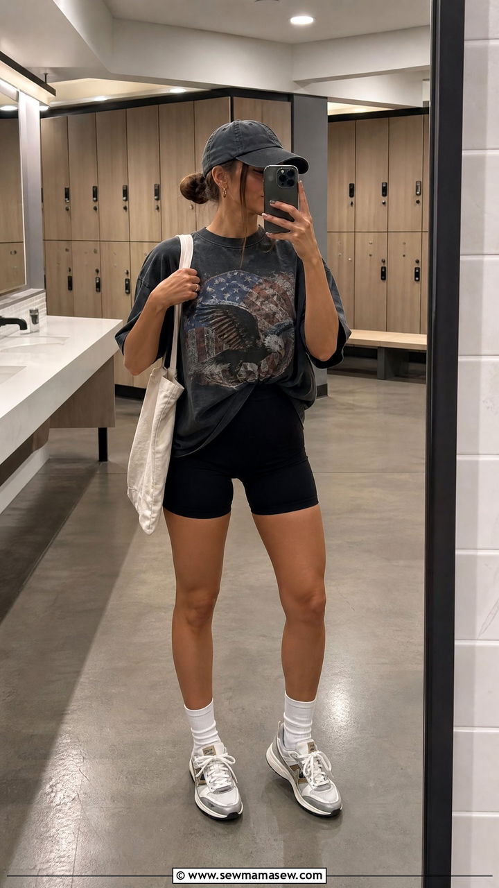 Oversized Graphic Tee with Biker Shorts - 25 Gym outfit ideas aesthetic