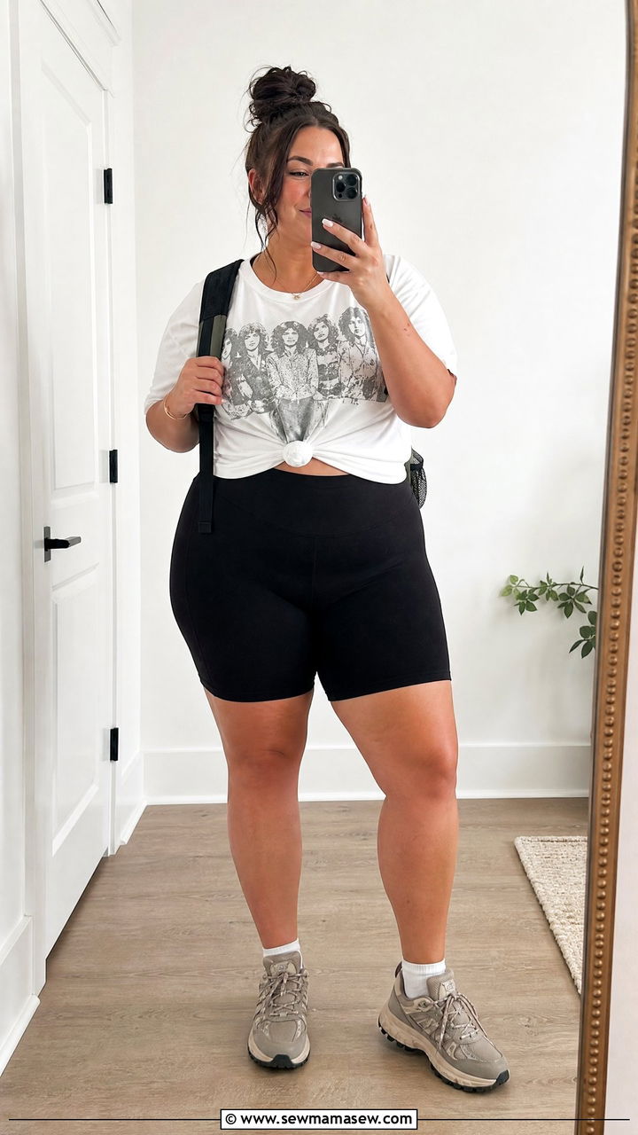 Oversized Graphic Tee with Biker Shorts - 25 Hiking outfit ideas plus size