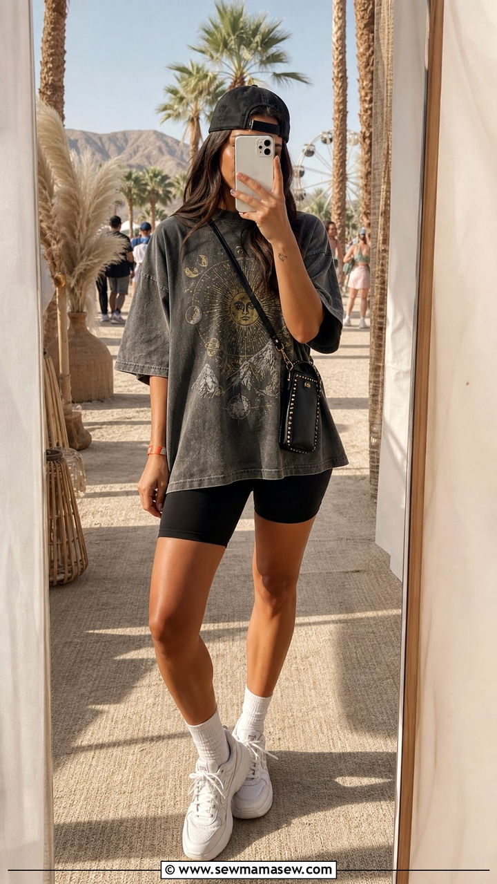 Oversized Graphic Tee with Biker Shorts - 25 cute Coachella outfits