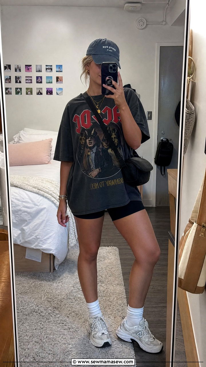 Oversized Graphic Tee with Biker Shorts and Crew Socks - 30 First day of college outfit ideas 2026