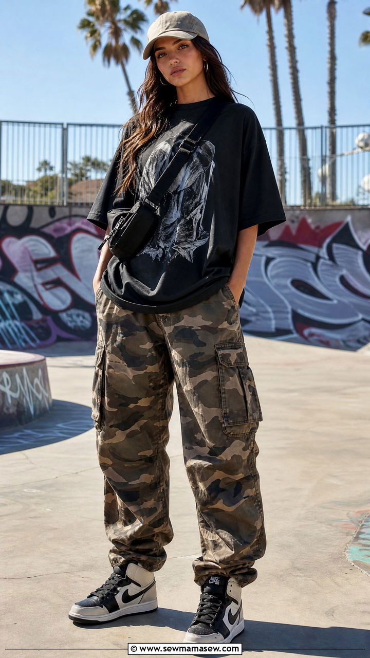 Oversized Graphic Tee with Camo Cargo Pants and High Top Sneakers - 30 summer cargo pants outfit ideas