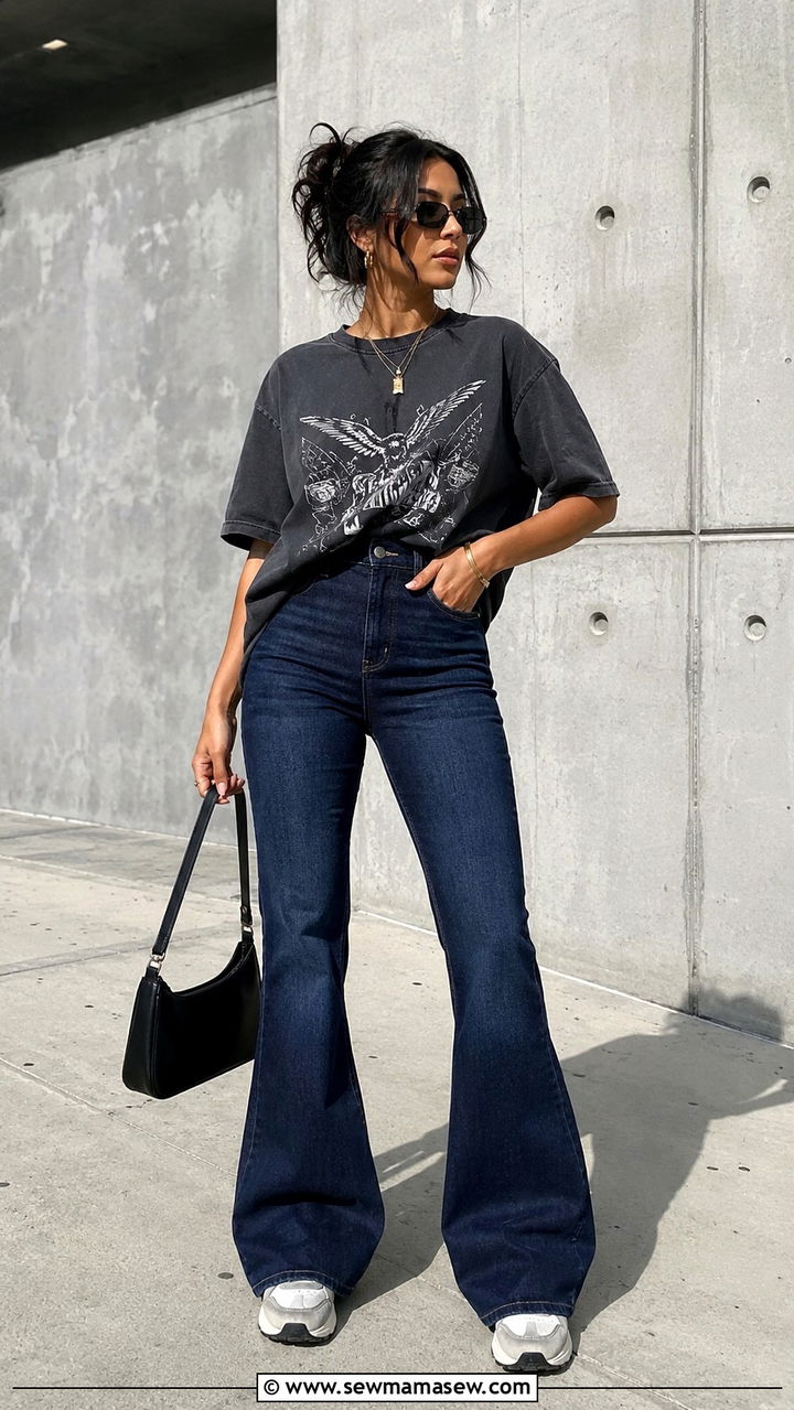 Oversized Graphic Tee with Front Tuck and Chunky Sneakers - 30 How to style flare jeans