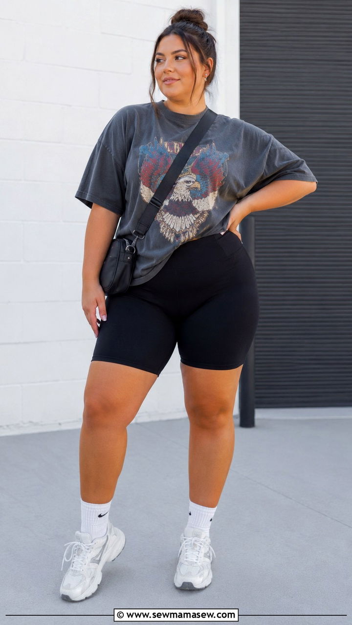 Oversized Graphic Tee with High Waist Bike Shorts - 30 Gym outfit ideas plus size