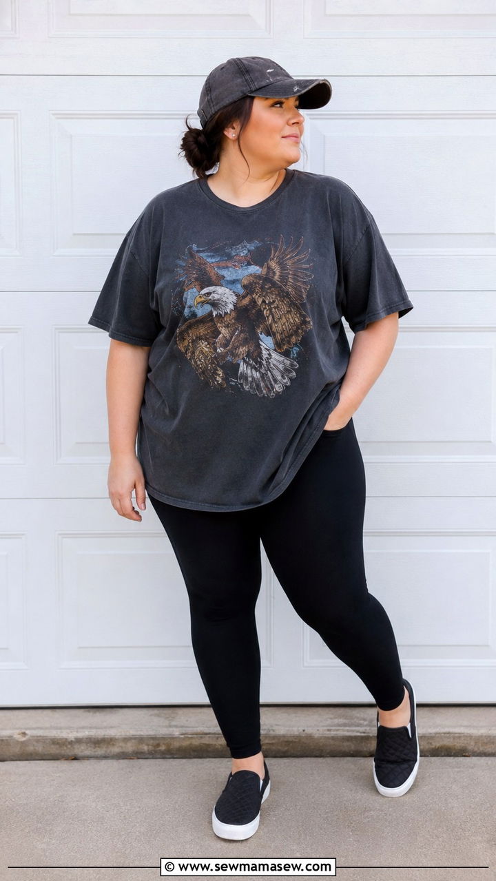 Oversized Graphic Tee with Leggings and Baseball Cap - 25 Plus size nursing outfit ideas