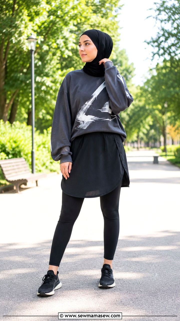 Oversized Graphic Tee with Leggings and Over Skirt - 25 Modest gym outfit ideas with hijab