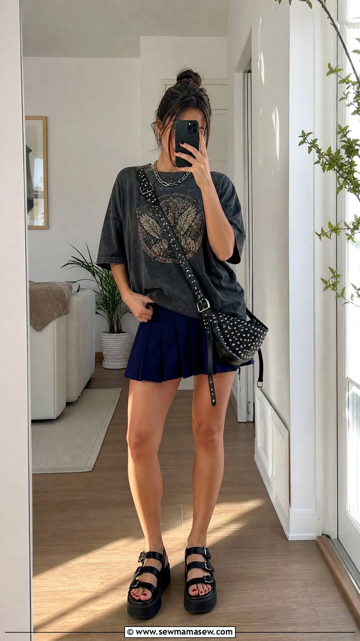 Oversized Graphic Tee with Pleated Mini Skirt - 30 summer grunge outfits