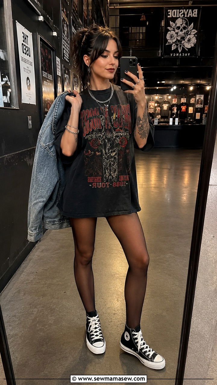 Oversized Graphic Tee with Sheer Tights and Converse - 30 casual summer concert outfits