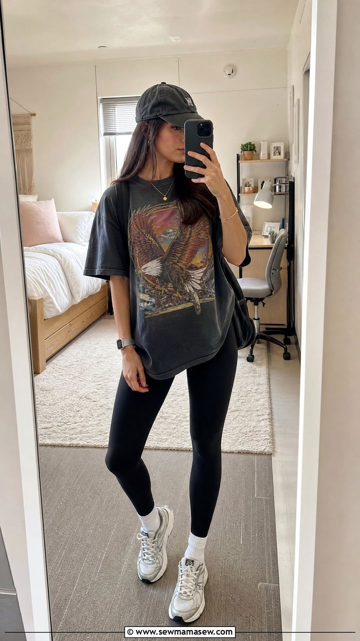 Oversized Graphic Tee with Sleek Black Leggings - 30 College outfit ideas cute 2026