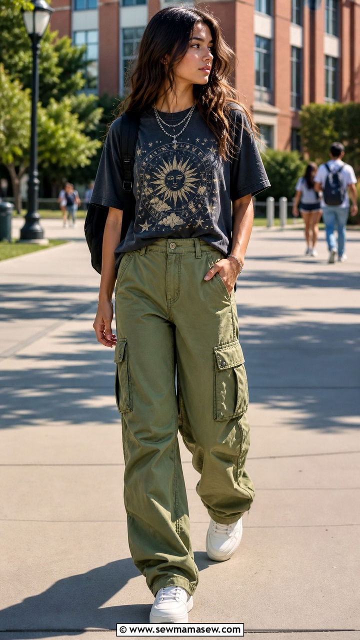 Oversized Graphic Tee with Wide Leg Cargo Pants and Chunky Sneakers - 20 August back to school outfit ideas