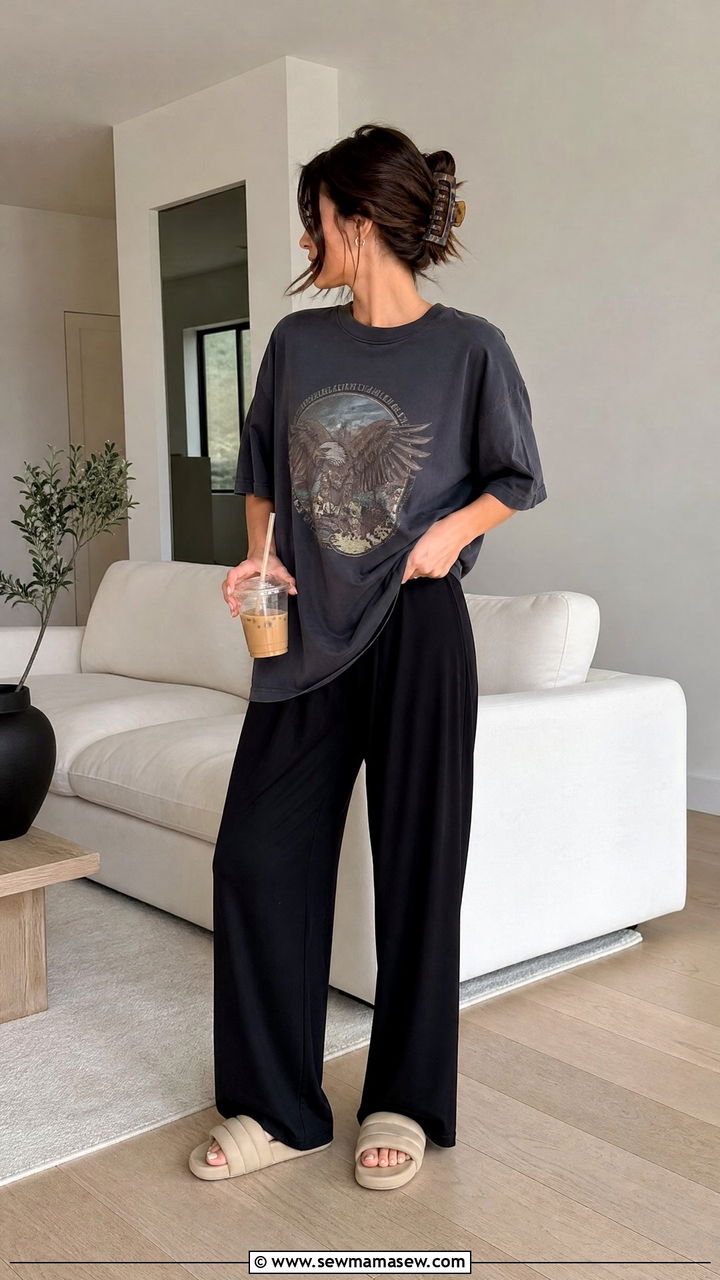 Oversized Graphic Tee with Wide Leg Lounge Pants and Cushion Slides - 20 Postpartum outfit ideas still looks pregnant