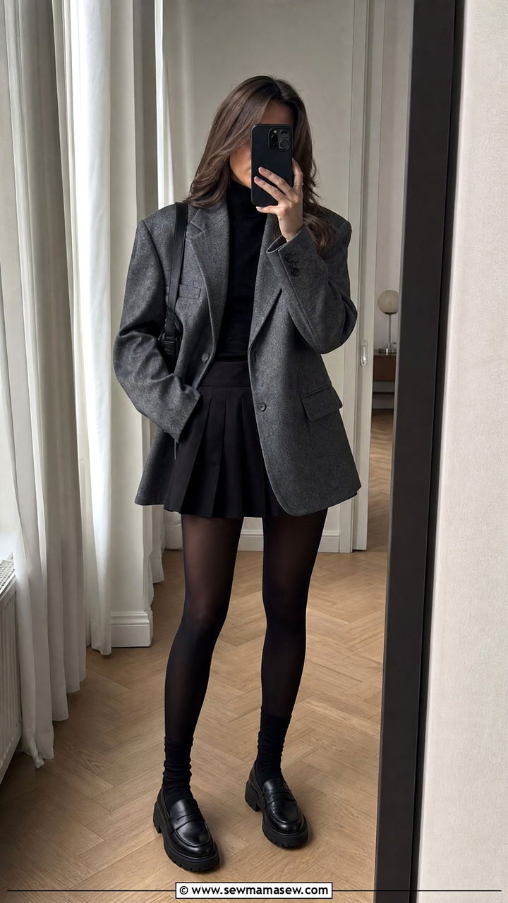 Oversized Gray Blazer with Pleated Mini Skirt Outfit - 30 Oversized blazer outfit ideas with a skirt
