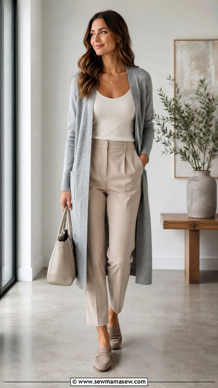 Oversized Gray Cardigan With A Tank Top And Tailored Trousers - 30 transitional neutral outfit ideas