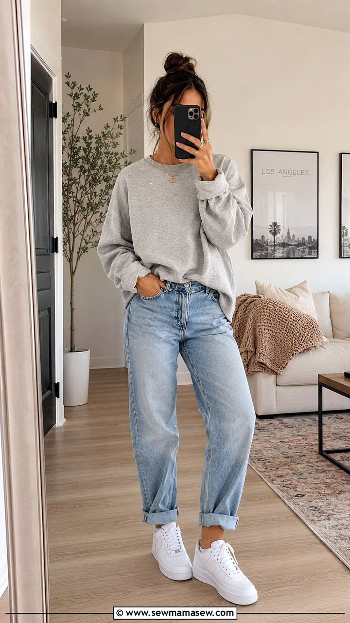 Oversized Gray Crewneck with Boyfriend Jeans and White Sneakers - 30 Oversized sweater with jeans outfit ideas