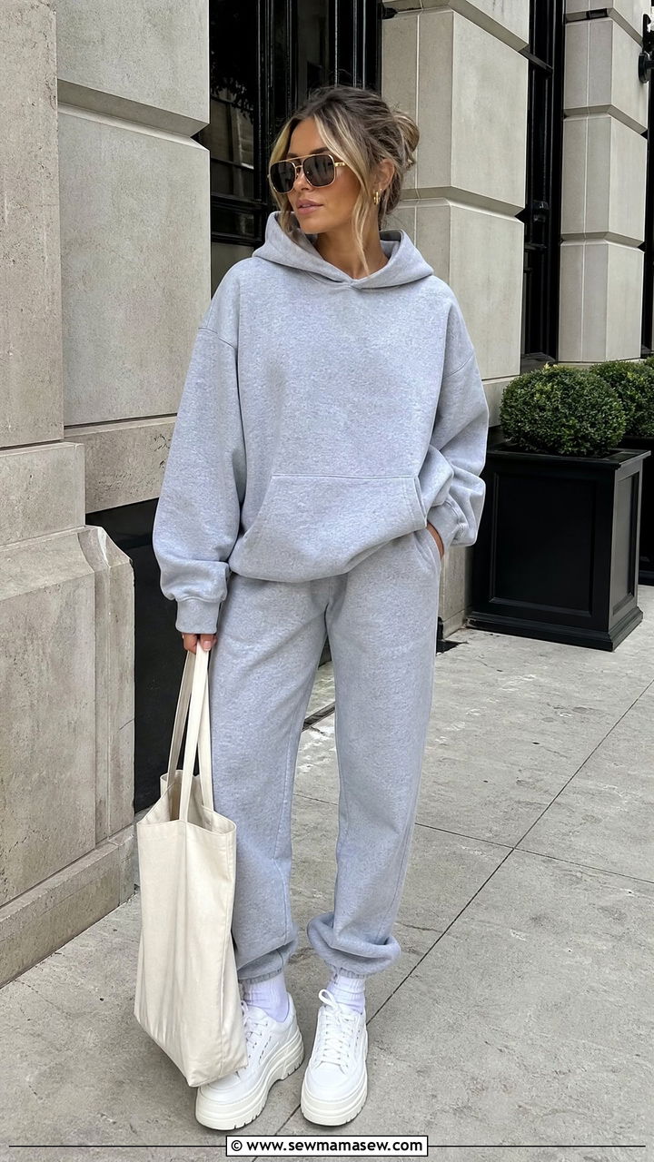 Oversized Gray Hoodie and Jogger Set With Chunky White Sneakers - 25 Gray loungewear set outfit ideas