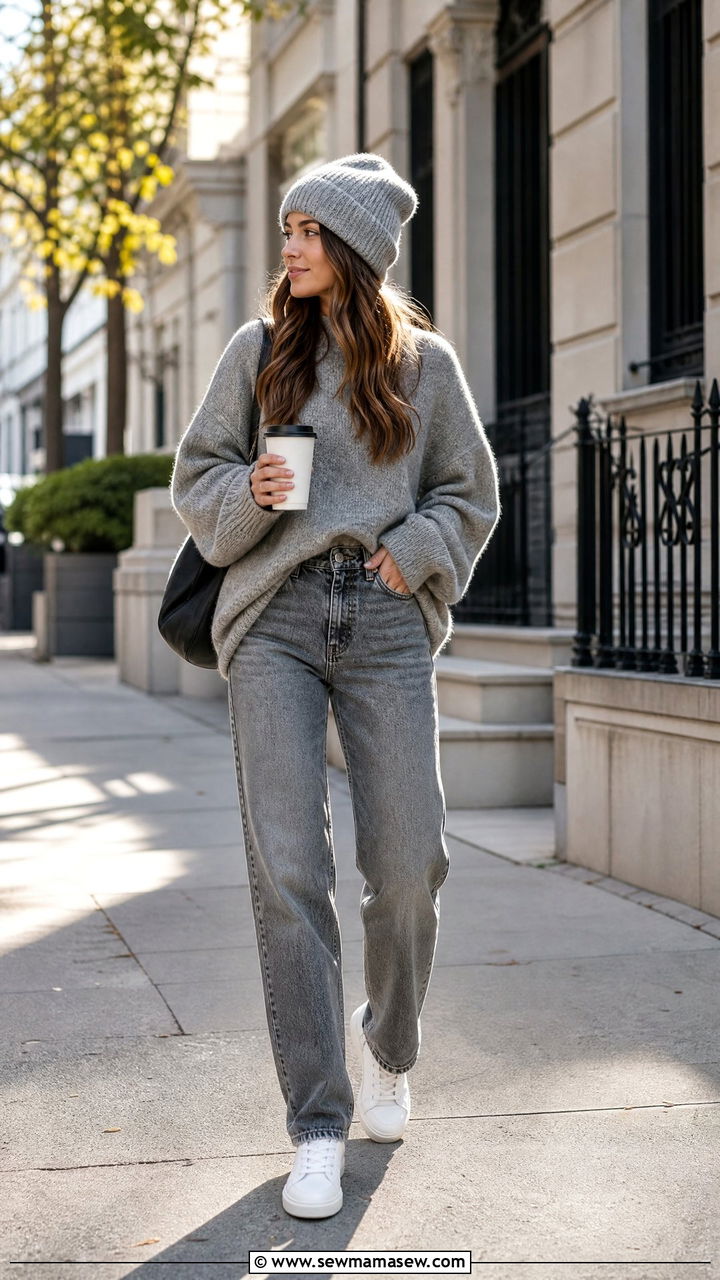 Oversized Gray Sweater With Straight Leg Jeans - 30 Monochromatic gray outfits