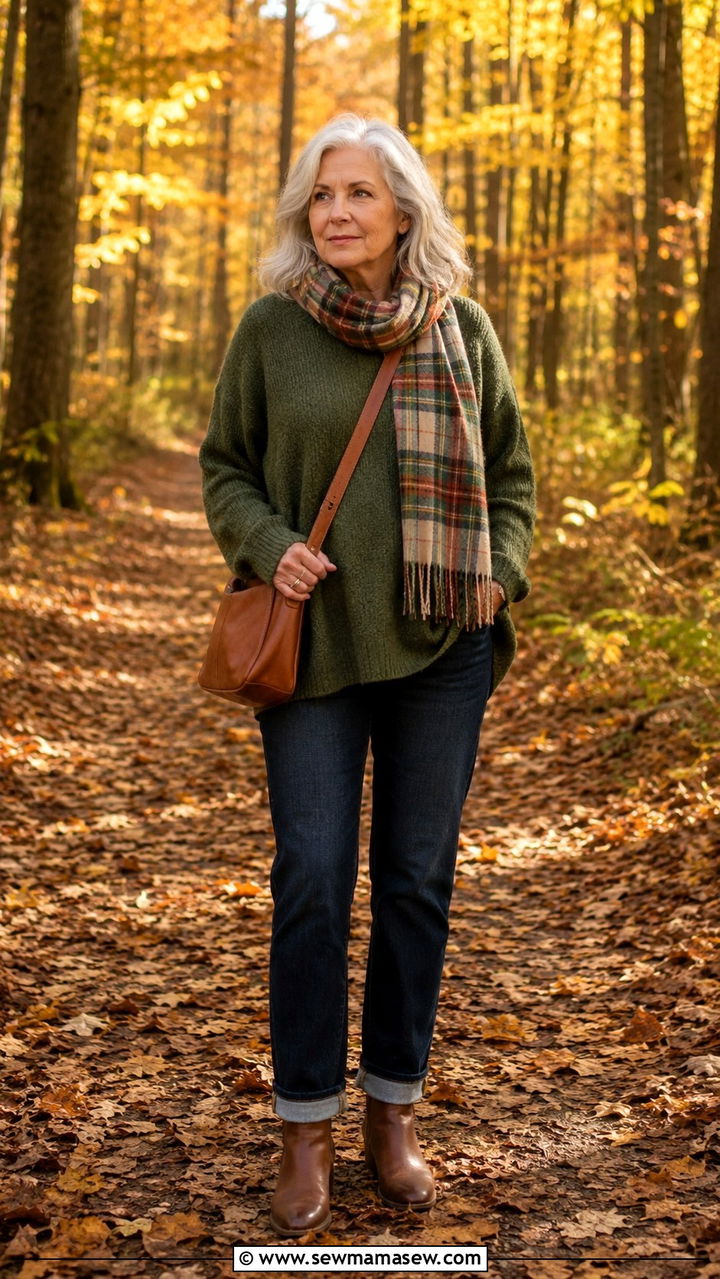 Oversized Green Sweater With Classic Dark Jeans - 30 Classy outfits for women over 60