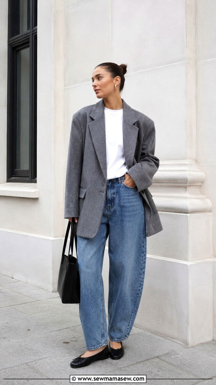 Oversized Grey Blazer and Barrel Leg Jeans Outfit - 25 aesthetic outfits to copy