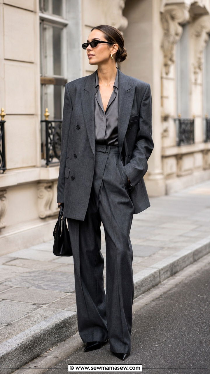 Oversized Grey Wool Suit With Silk Blouse - 20 Quiet luxury outfit ideas Gwyneth Paltrow