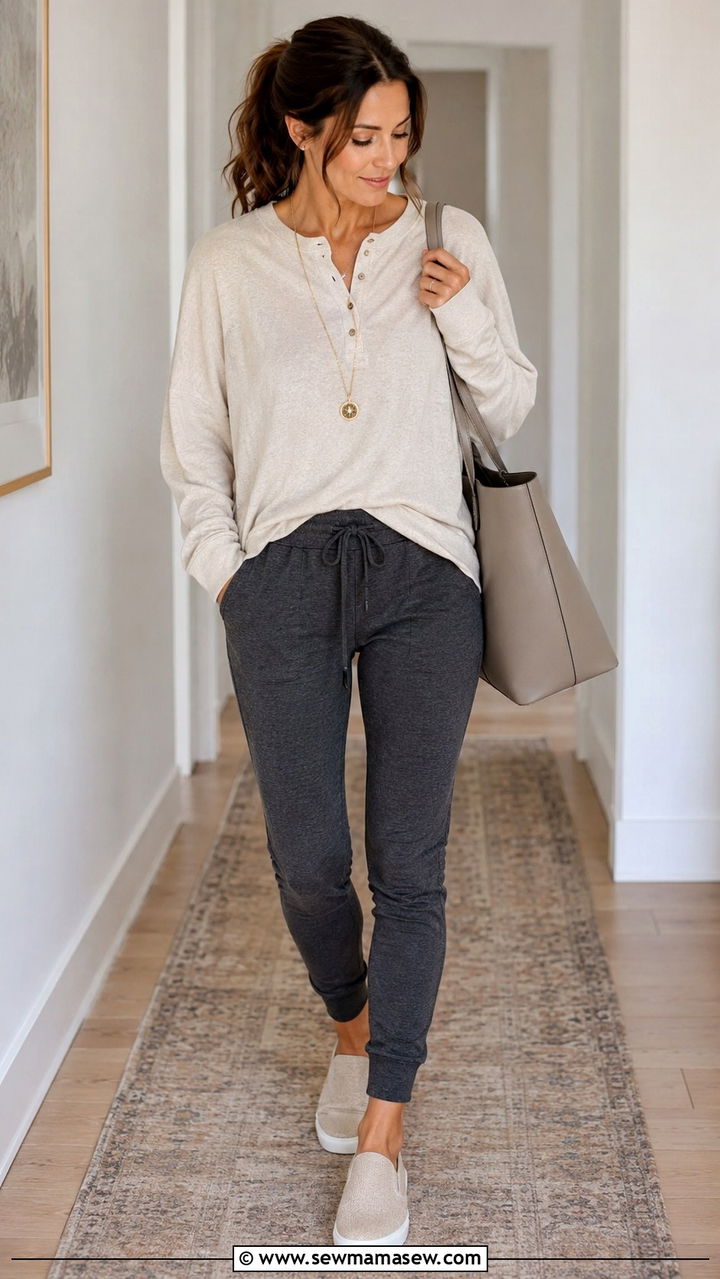 Oversized Henley Skinny Joggers And Slip On Sneakers - 25 Athleisure outfit ideas school run