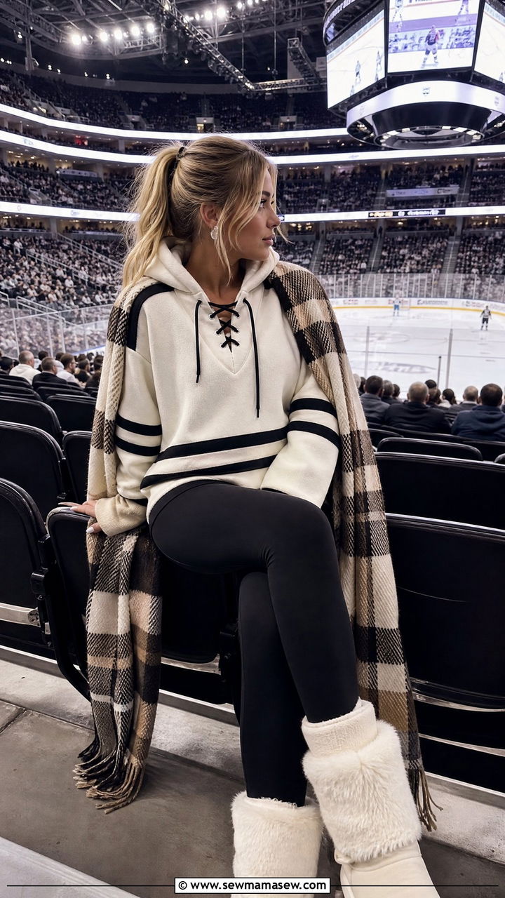 Oversized Hockey Hoodie with Leggings and Fuzzy Boots - 25 Hockey game outfit ideas