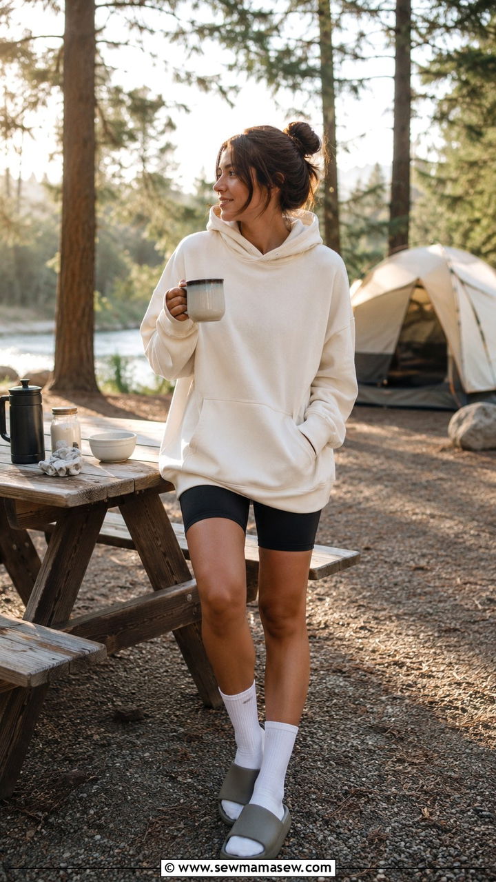 Oversized Hoodie Biker Shorts Crew Socks Spring Camping - 30 Spring camping trip outfits