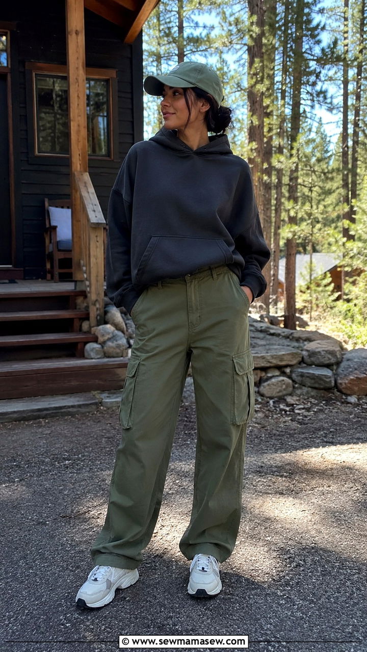 Oversized Hoodie Outfit with Cargo Pants and Chunky Sneakers - 30 Spring cabin weekend outfits