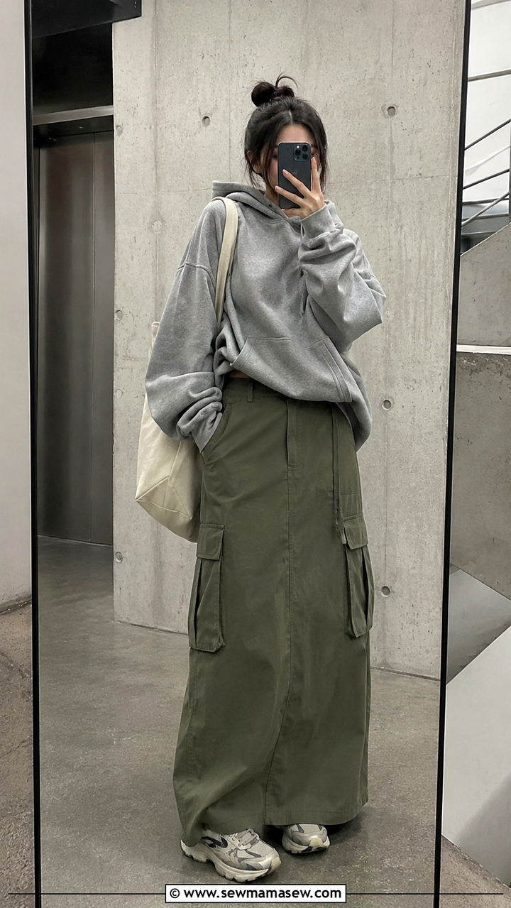 Oversized Hoodie With A Cargo Maxi Skirt Outfit - 30 how to style maxi skirt outfits