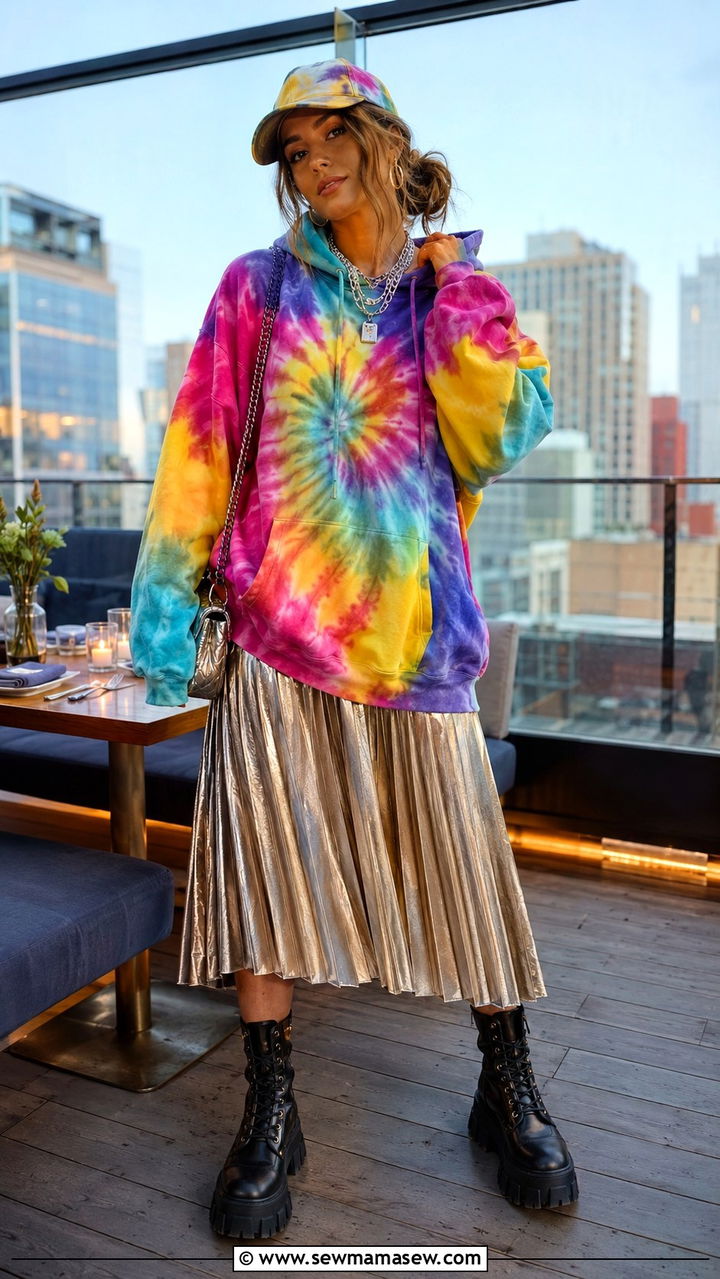 Oversized Hoodie With A Metallic Skirt And Lug Sole Boots - 30 casual maximalist outfits