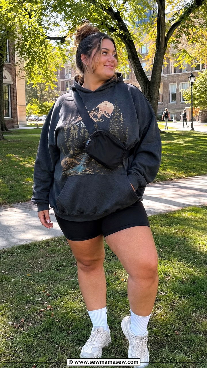 Oversized Hoodie With Bike Shorts And Crew Socks - 30 Plus size outfit ideas for college