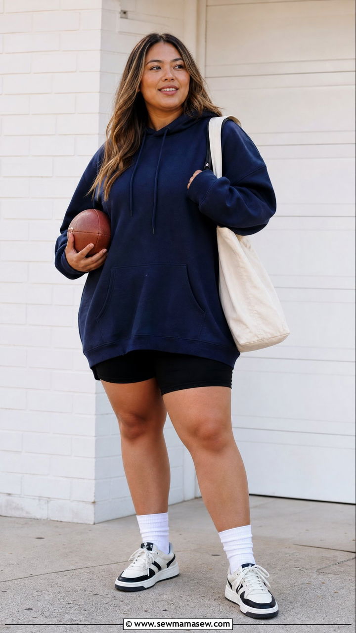 Oversized Hoodie With Biker Shorts And Crew Socks - 30 Football game outfit ideas plus size