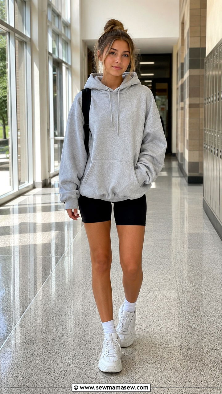 Oversized Hoodie With Biker Shorts and Chunky Sneakers - 30 Trendy outfits for 15 year olds