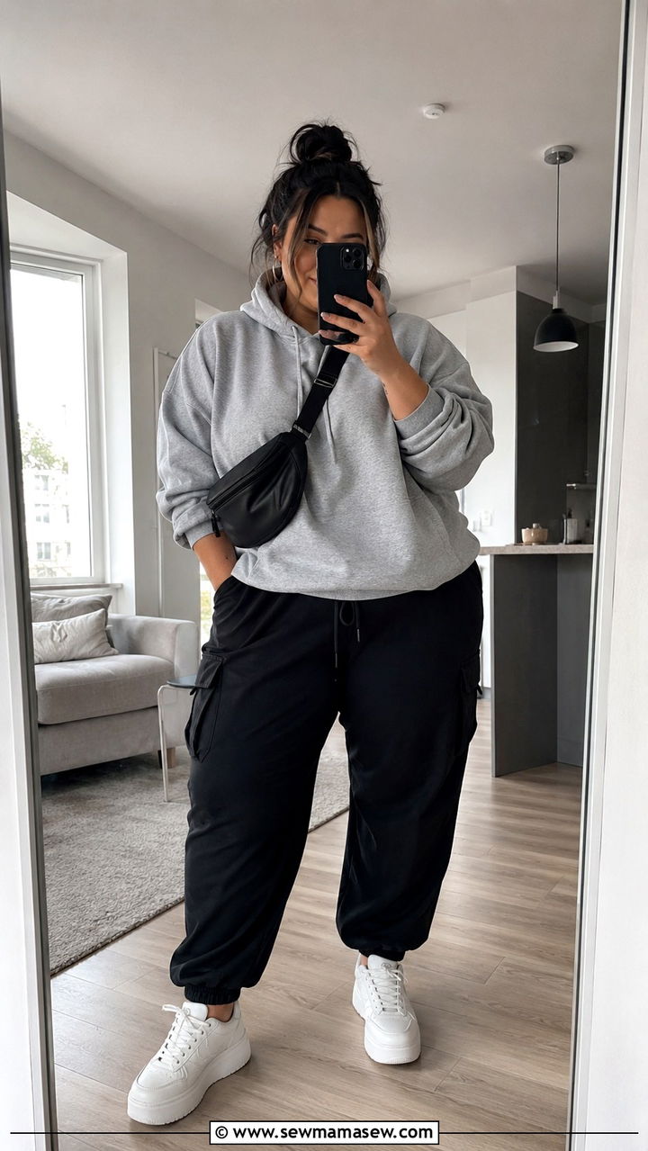 Oversized Hoodie With Cargo Joggers and Platform Sneakers - 30 Plus size outfit ideas with cargo pants