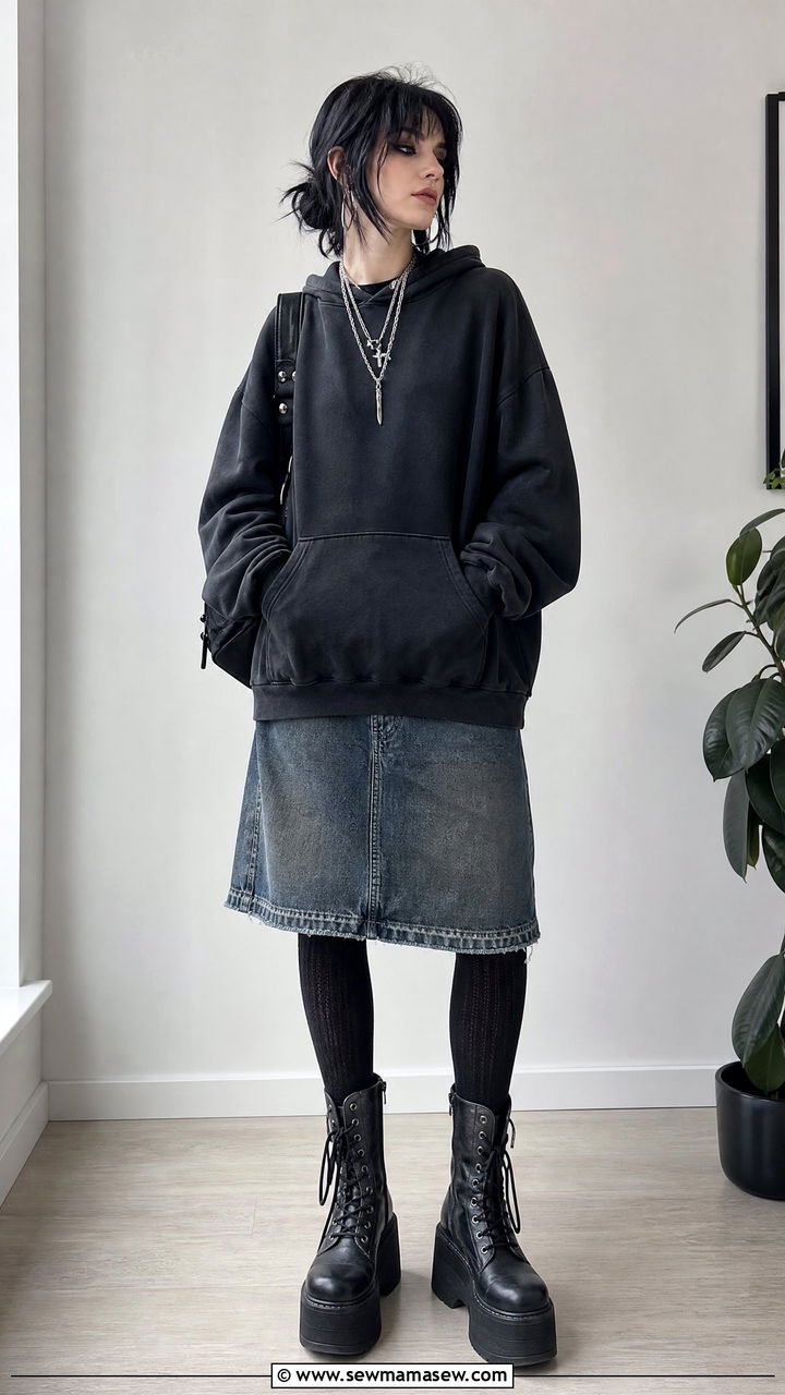 Oversized Hoodie With Distressed Denim Mini Skirt - 35 Billie Eilish concert outfit ideas