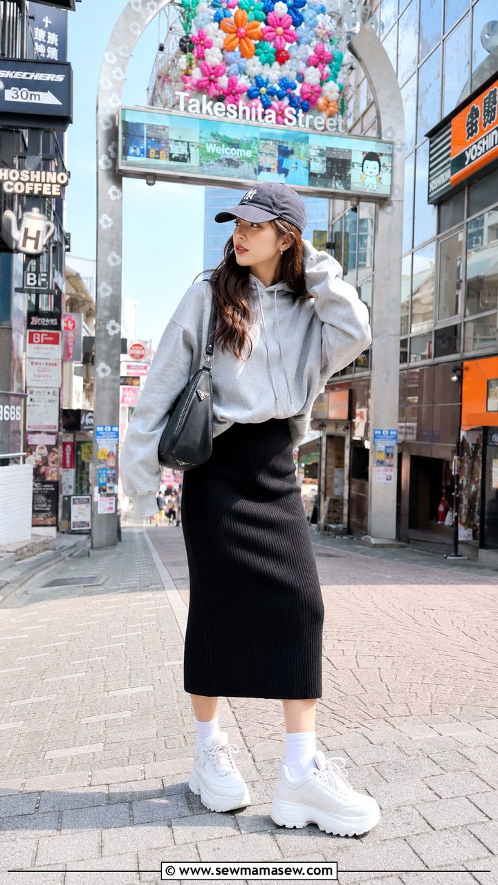 Oversized Hoodie With Pencil Skirt and Chunky Sneakers - 30 Tokyo outfit ideas