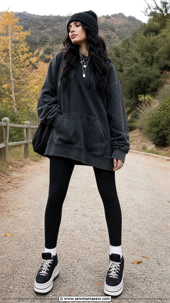 Oversized Hoodie With Thermal Leggings And Platform Sneakers - 35 Billie Eilish concert outfit ideas